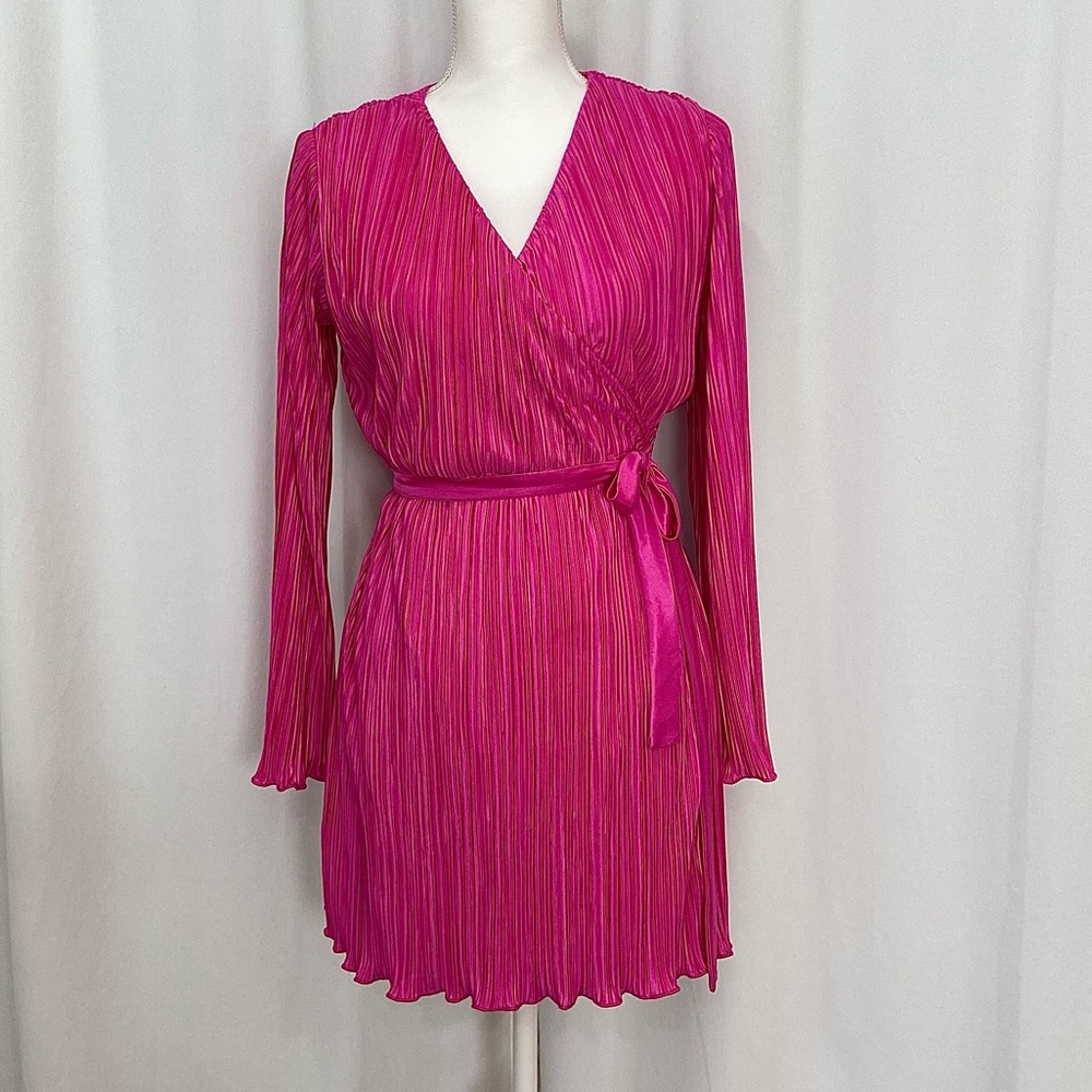 Vibrant Fuschia Pleated Wrap Dress